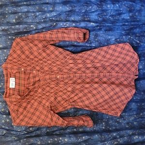 🍂3/$10 Piper&Blue Orange+Black Plaid Button-down Top w/ Tab Sleeves & Tie-Waist